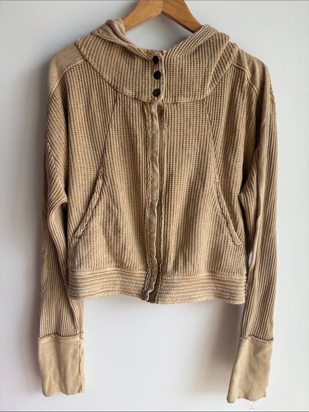 Free People Mason Beige Cropped Thermal Waffle Full Zip Hoodie Size Large